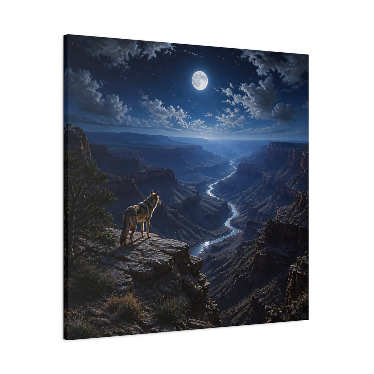 Side Mockup 1. Moonlit Canyon Coyote Landscape shown as canvas print