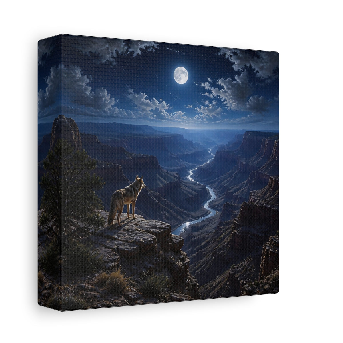 Side Mockup 2. Moonlit Canyon Coyote Landscape shown as canvas print