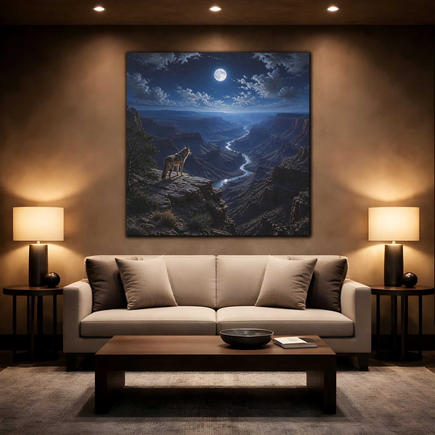 Mockup 2. Moonlit Canyon Coyote Landscape shown as canvas print