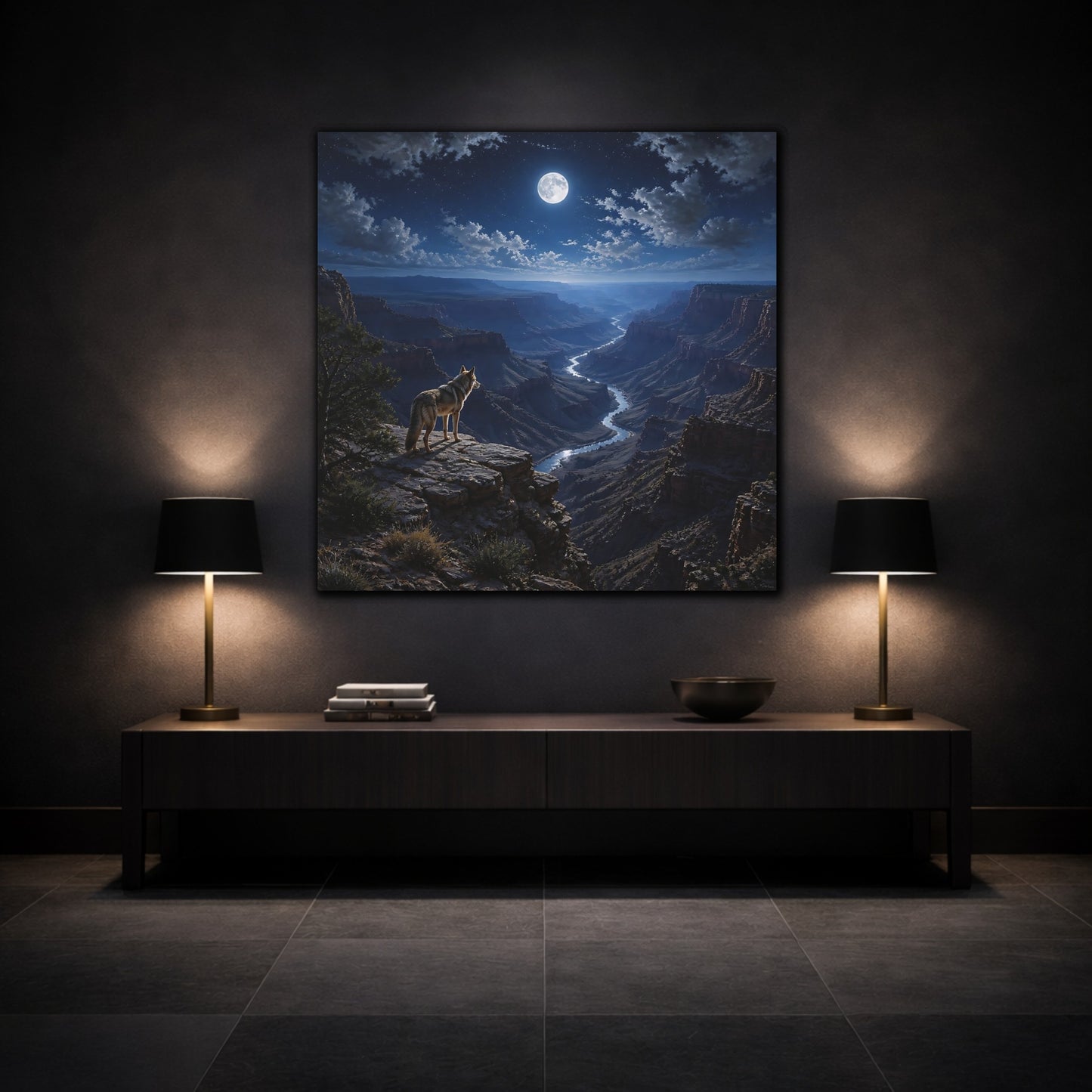Mockup 3. Moonlit Canyon Coyote Landscape shown as canvas print