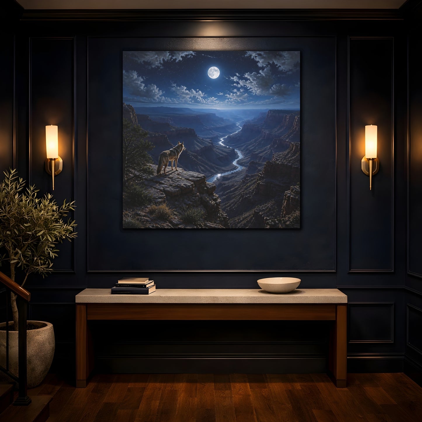 Mockup 4. Moonlit Canyon Coyote Landscape shown as canvas print