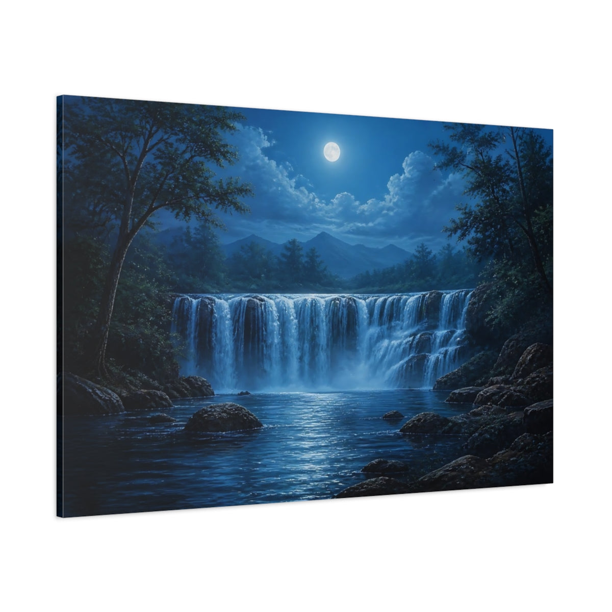 Side Mockup 1. Moonlit Cascade shown as canvas print