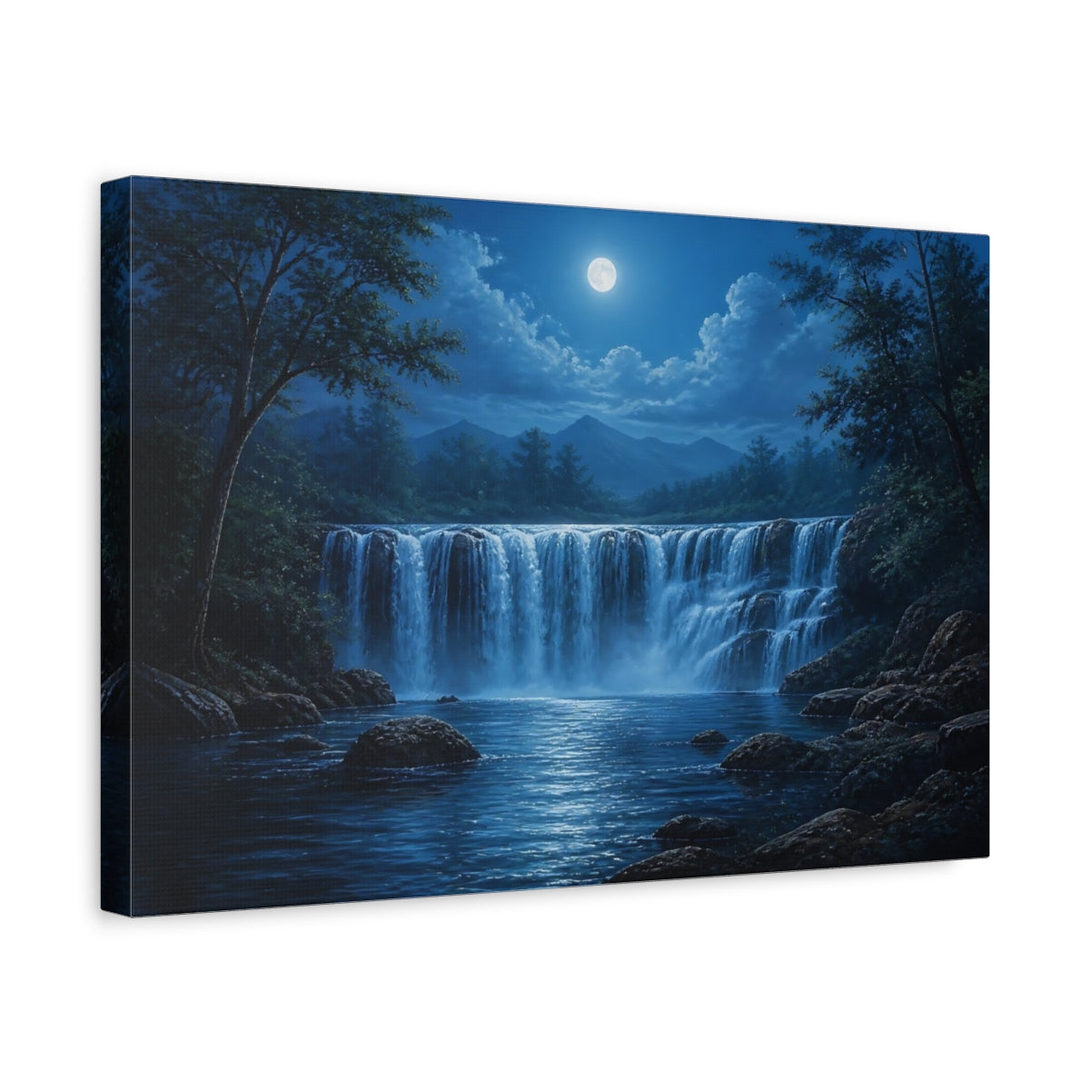 Side Mockup 4. Moonlit Cascade shown as canvas print