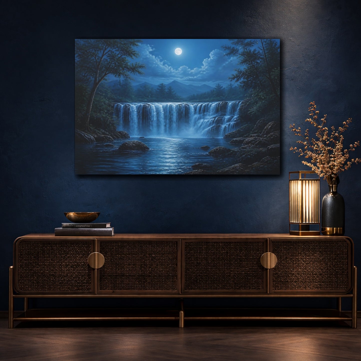 Mockup 4. Moonlit Cascade shown as canvas print