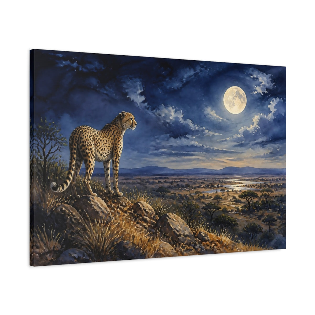 Main Mockup. Moonlit Cheetah Over Savanna shown as canvas print