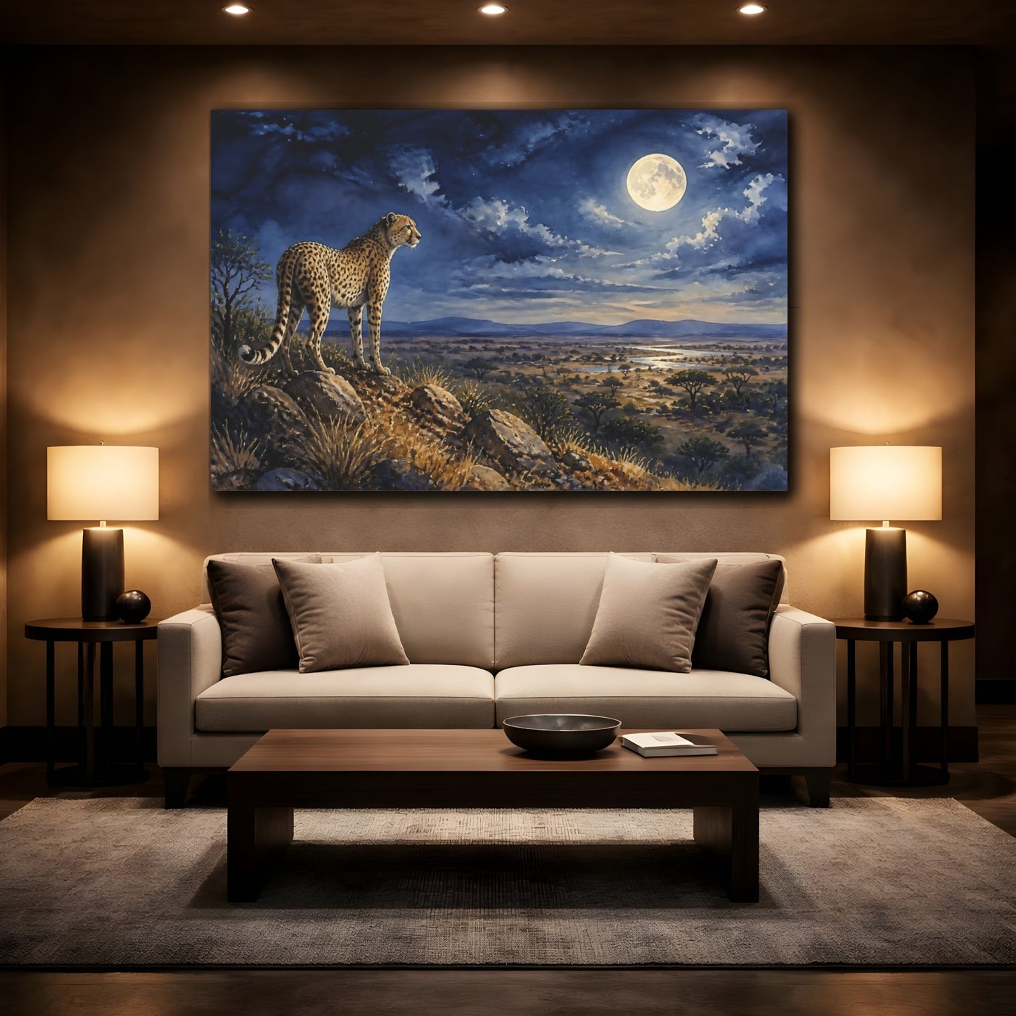 Mockup 2. Moonlit Cheetah Over Savanna shown as canvas print