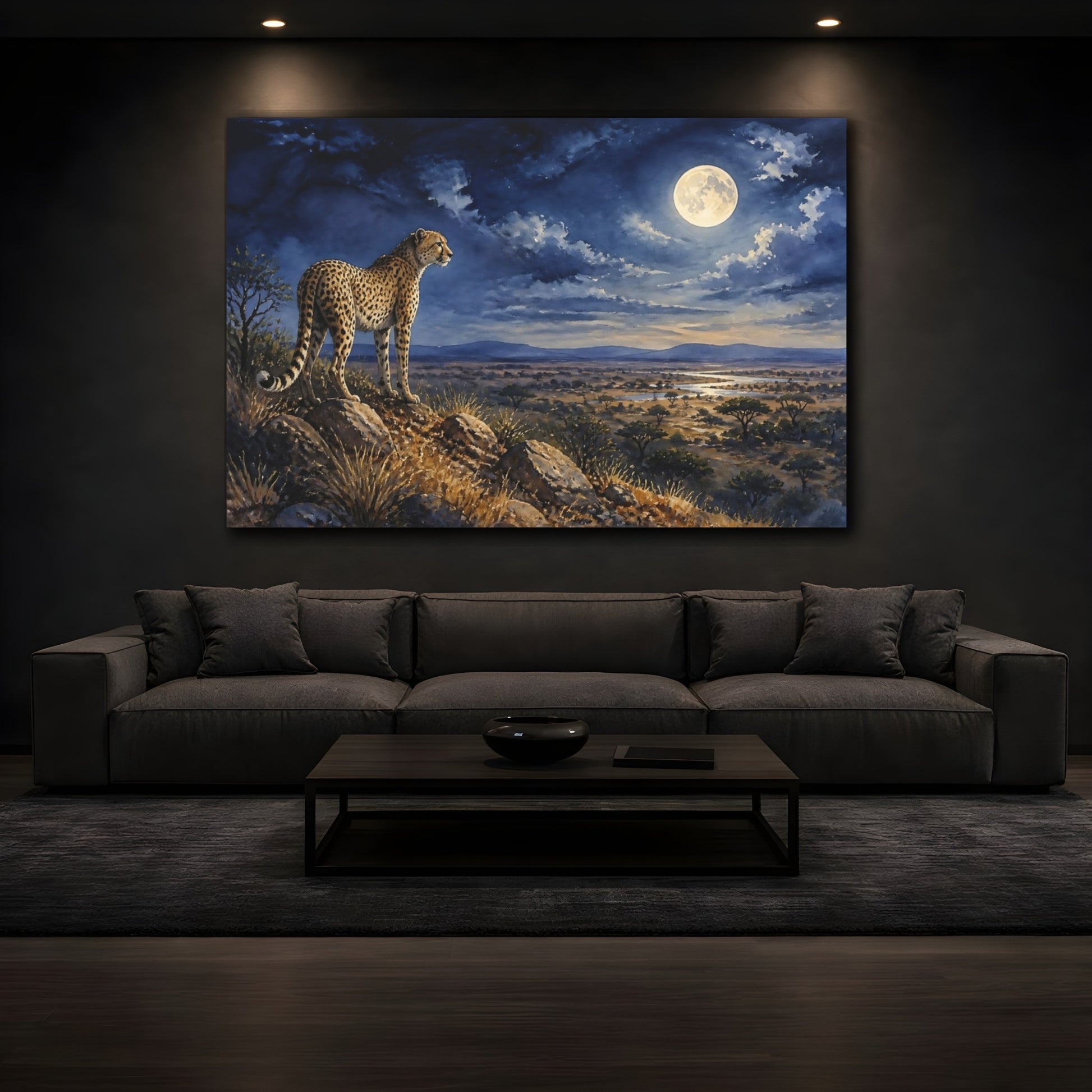 Mockup 3. Moonlit Cheetah Over Savanna shown as canvas print