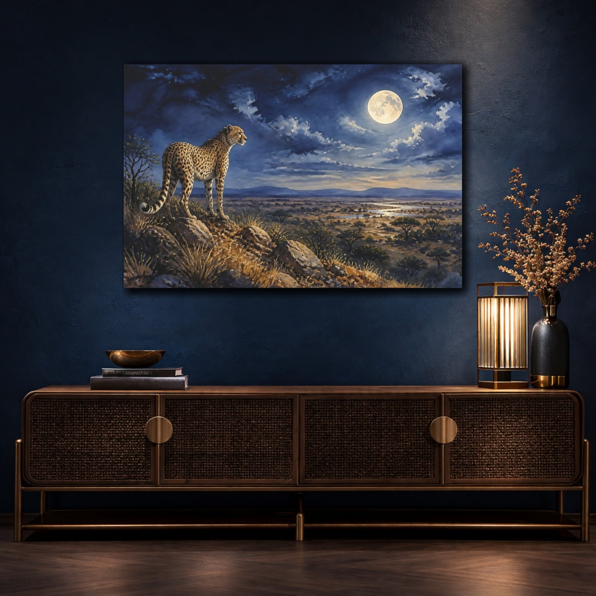 Mockup 4. Moonlit Cheetah Over Savanna shown as canvas print
