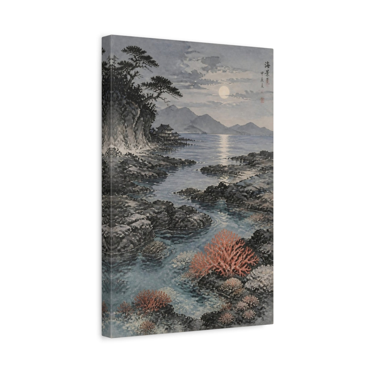 Side Mockup 4. Moonlit Coastal Landscape shown as canvas print