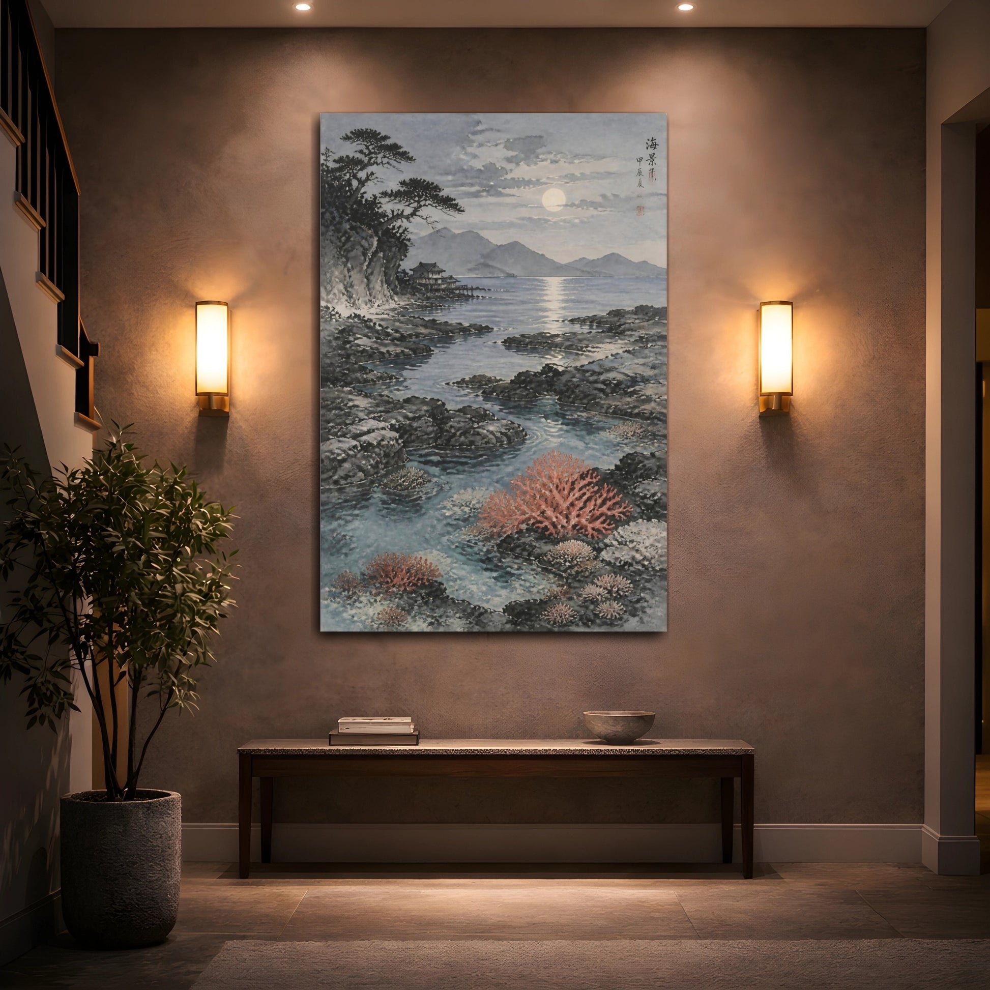Mockup 2. Moonlit Coastal Landscape shown as canvas print