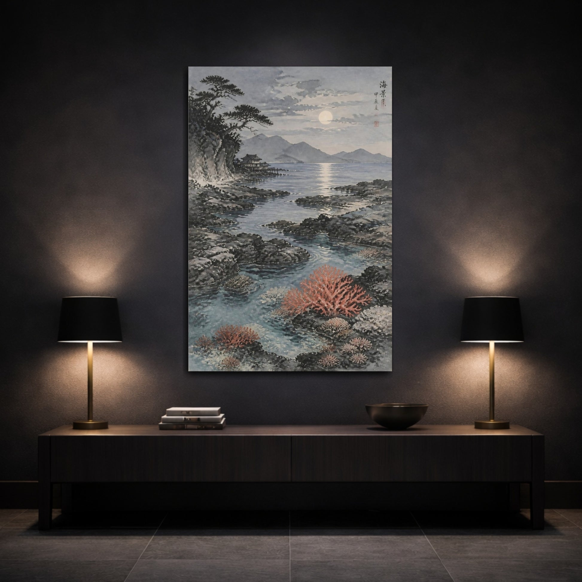 Mockup 3. Moonlit Coastal Landscape shown as canvas print
