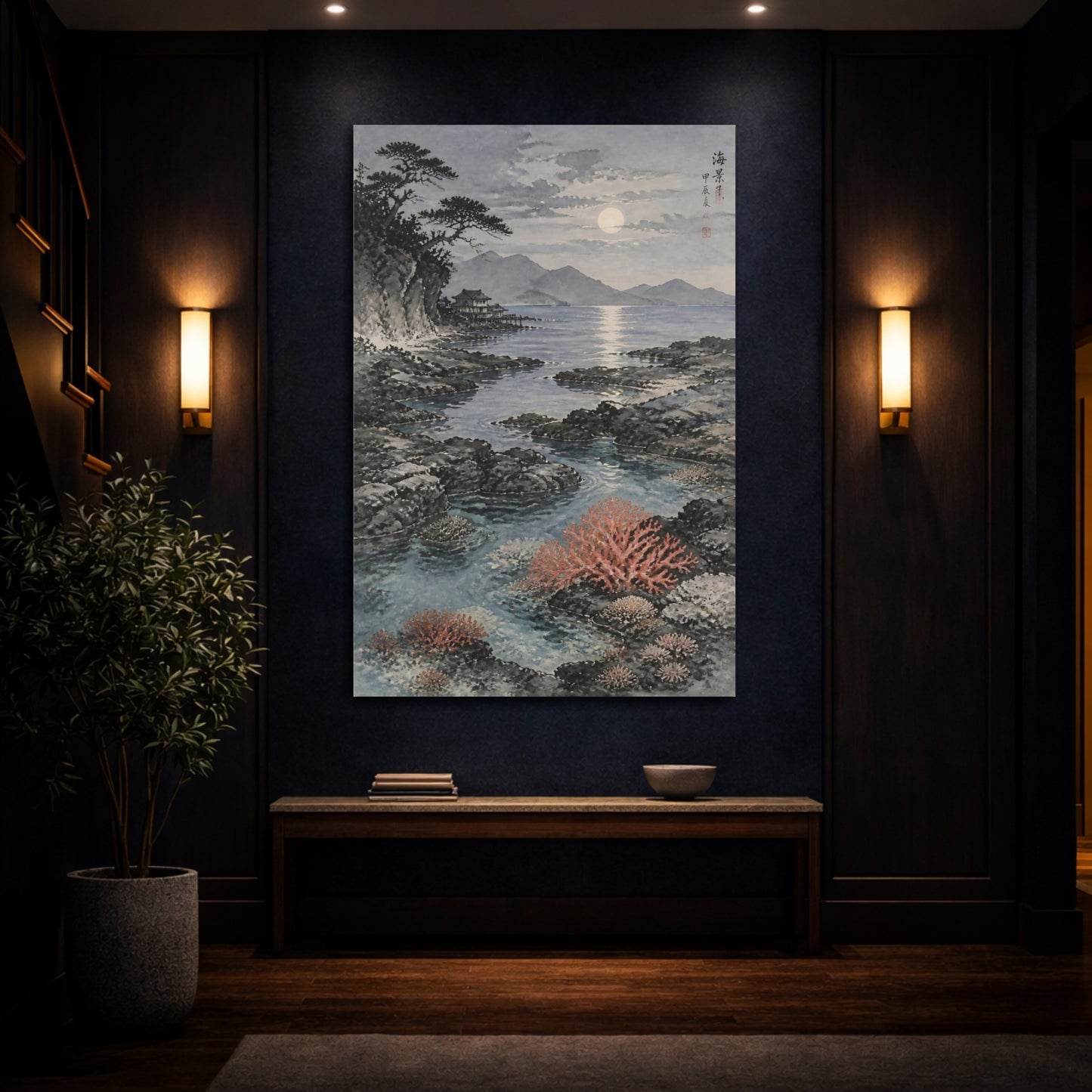 Mockup 4. Moonlit Coastal Landscape shown as canvas print