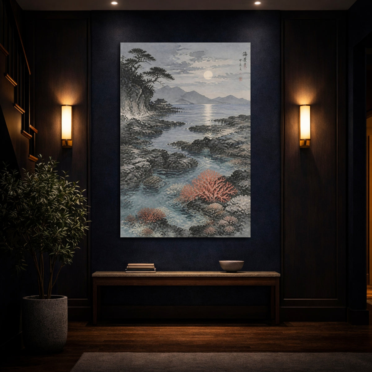 Mockup 4. Moonlit Coastal Landscape shown as canvas print