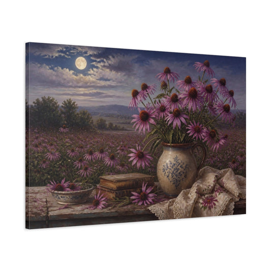 Main Mockup. Moonlit Coneflowers In Vase shown as canvas print