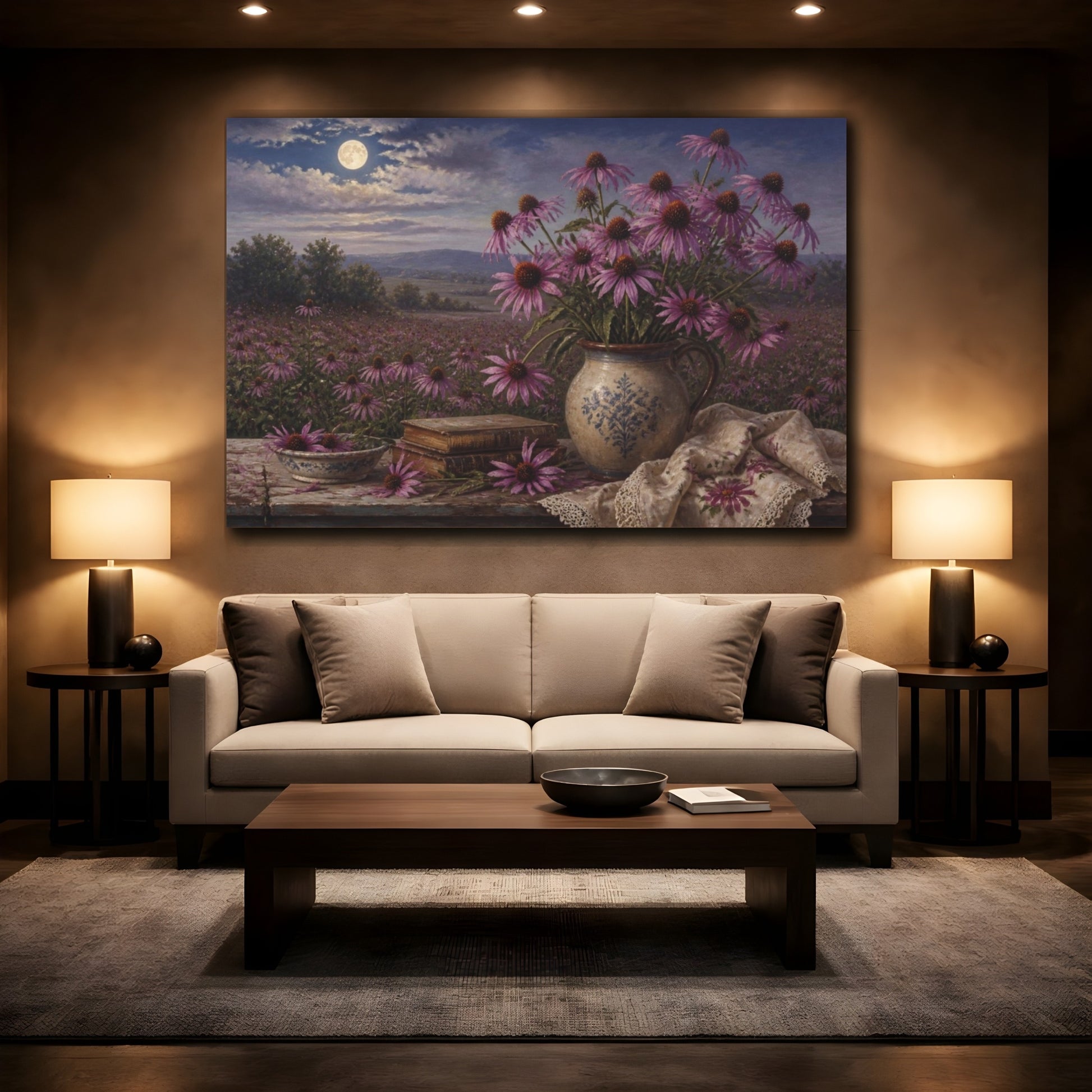 Mockup 2. Moonlit Coneflowers In Vase shown as canvas print
