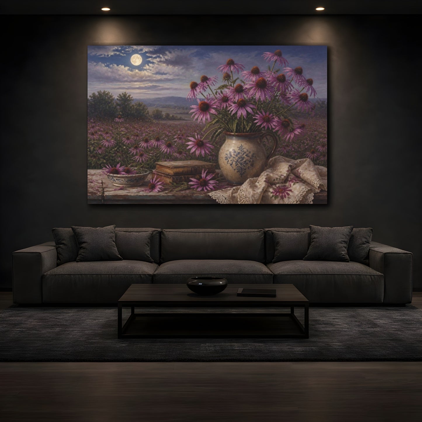 Mockup 3. Moonlit Coneflowers In Vase shown as canvas print
