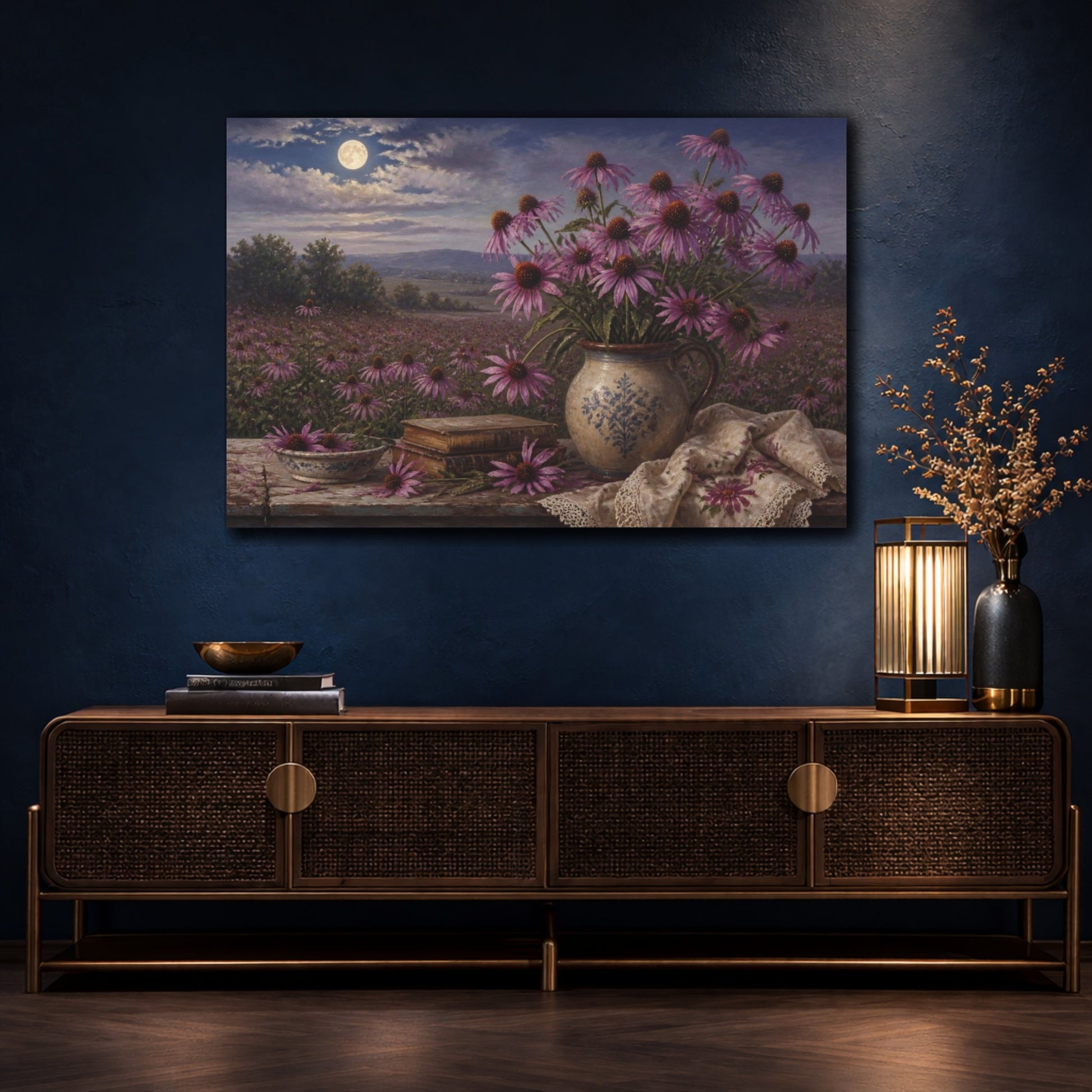 Mockup 4. Moonlit Coneflowers In Vase shown as canvas print