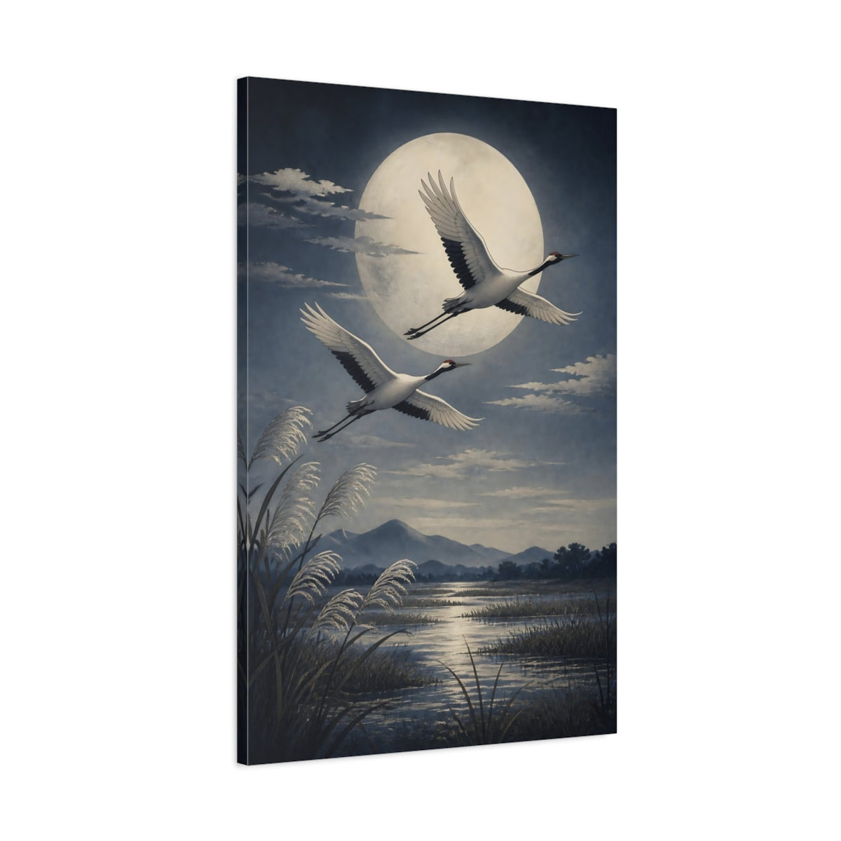 Main Mockup. Moonlit Crane Flight shown as canvas print
