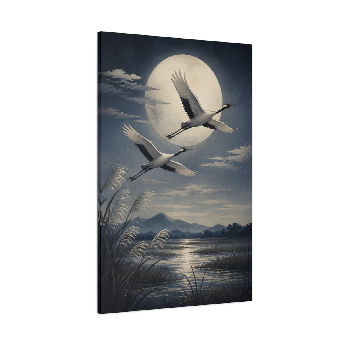 Side Mockup 1. Moonlit Crane Flight shown as canvas print