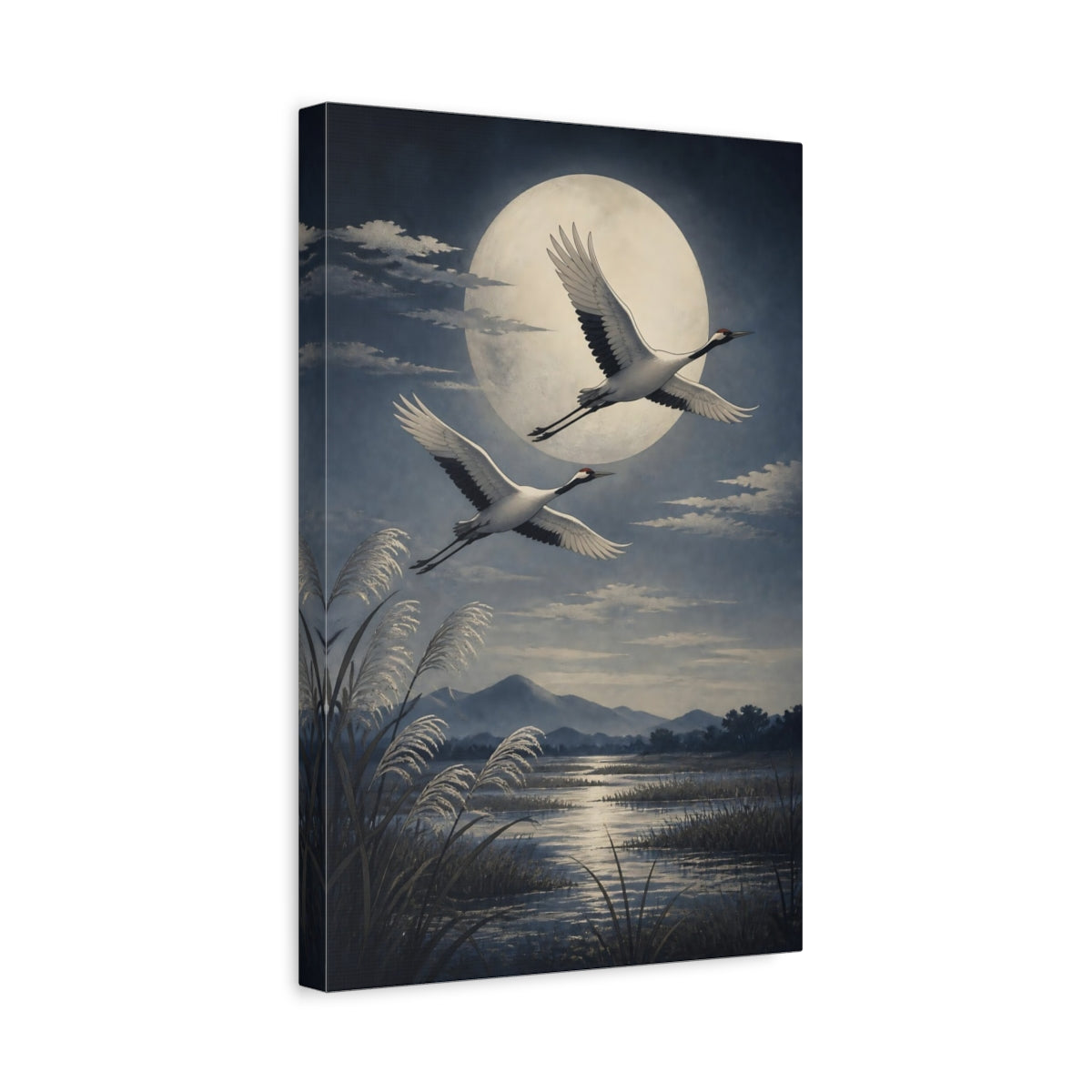 Side Mockup 4. Moonlit Crane Flight shown as canvas print