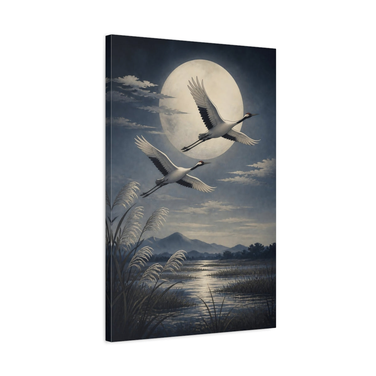 Side Mockup 2. Moonlit Crane Flight shown as canvas print