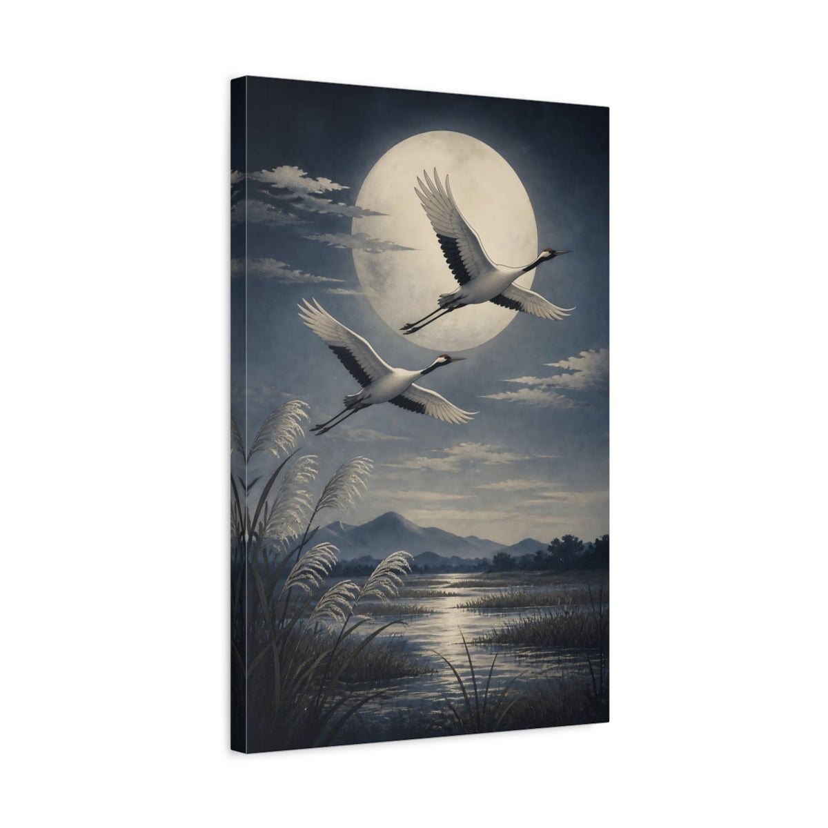 Side Mockup 3. Moonlit Crane Flight shown as canvas print