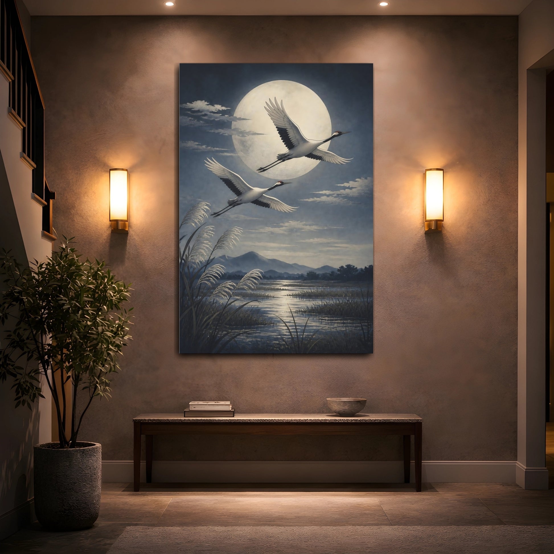 Mockup 2. Moonlit Crane Flight shown as canvas print