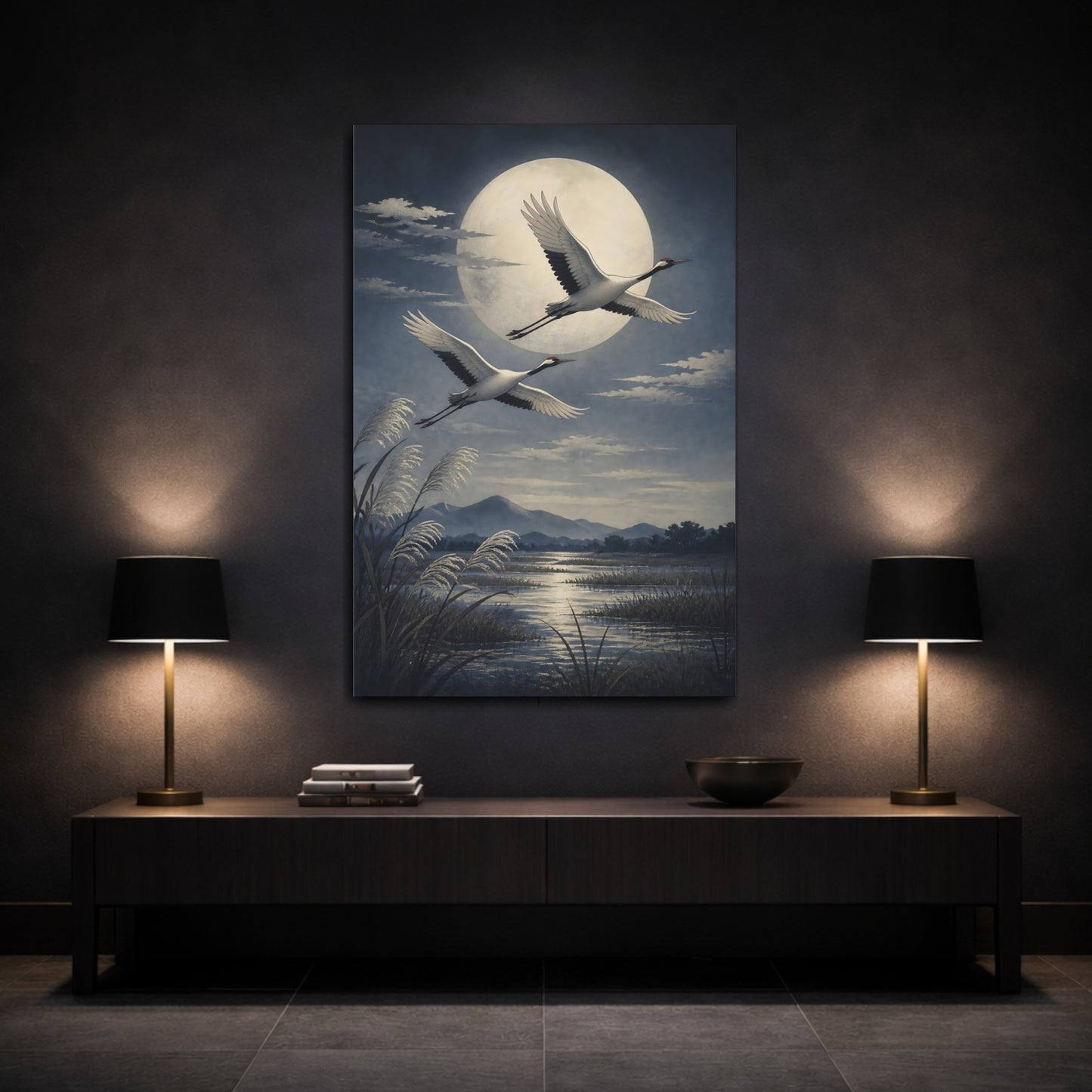 Mockup 3. Moonlit Crane Flight shown as canvas print