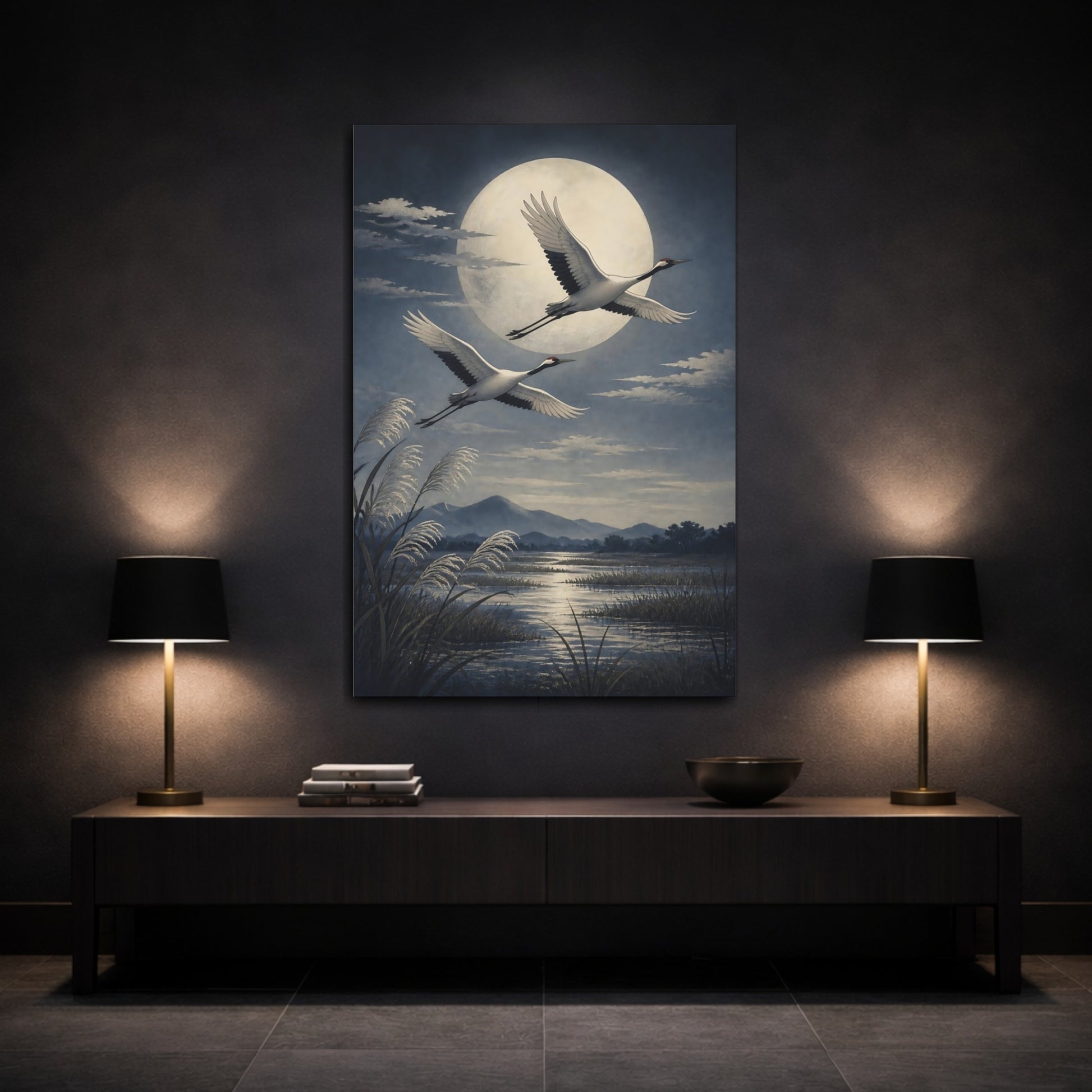 Mockup 3. Moonlit Crane Flight shown as canvas print