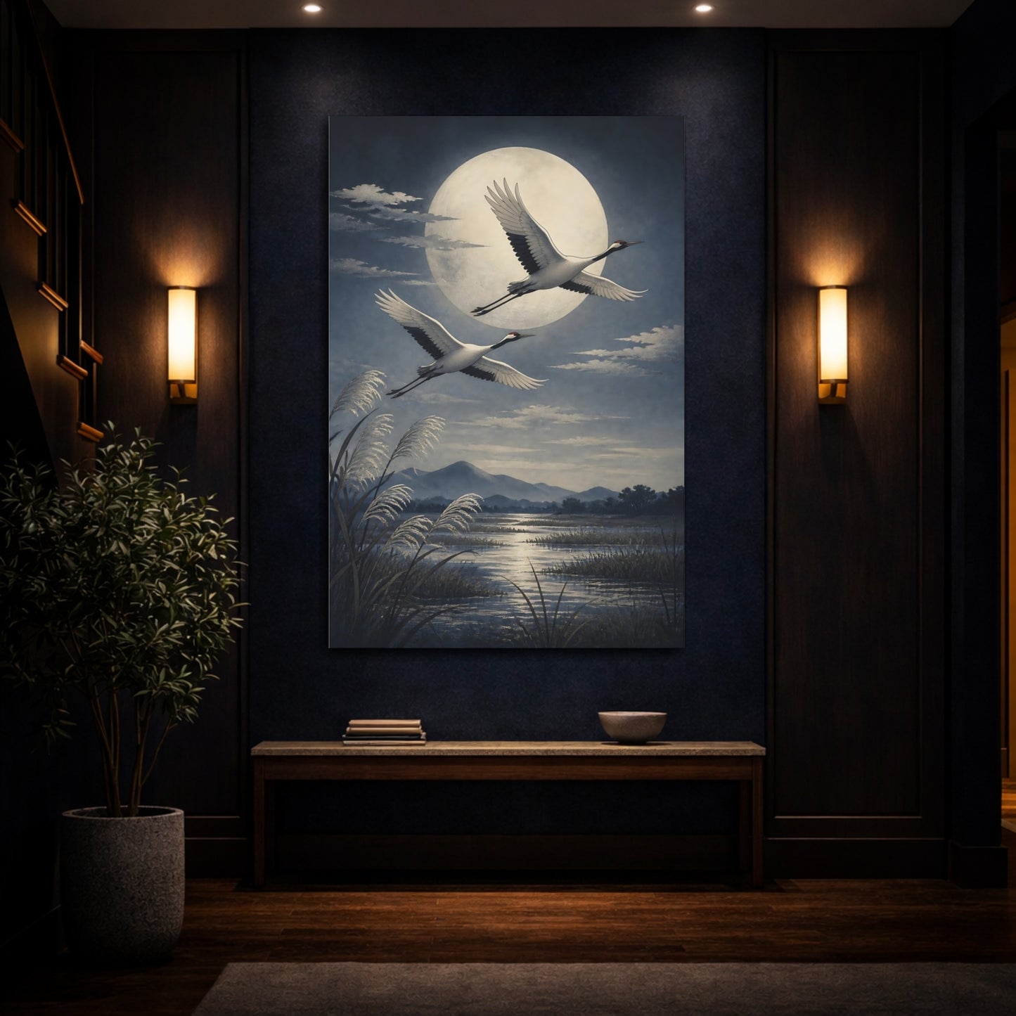 Mockup 4. Moonlit Crane Flight shown as canvas print