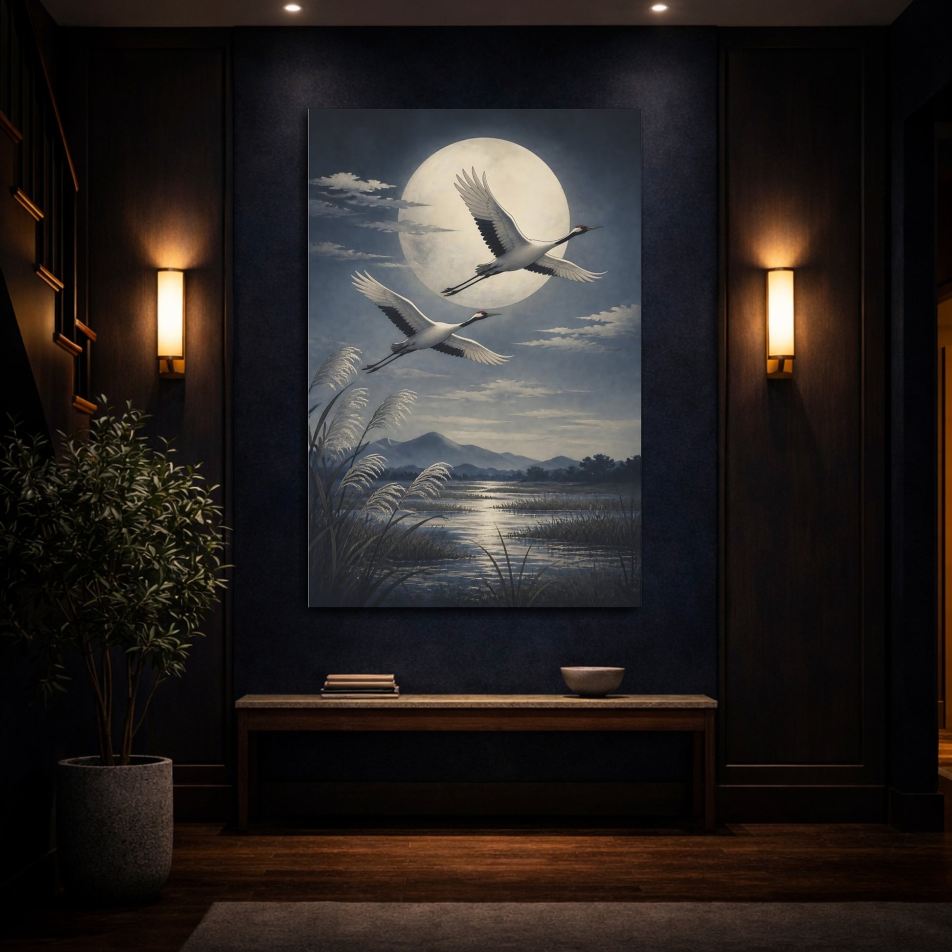 Mockup 4. Moonlit Crane Flight shown as canvas print