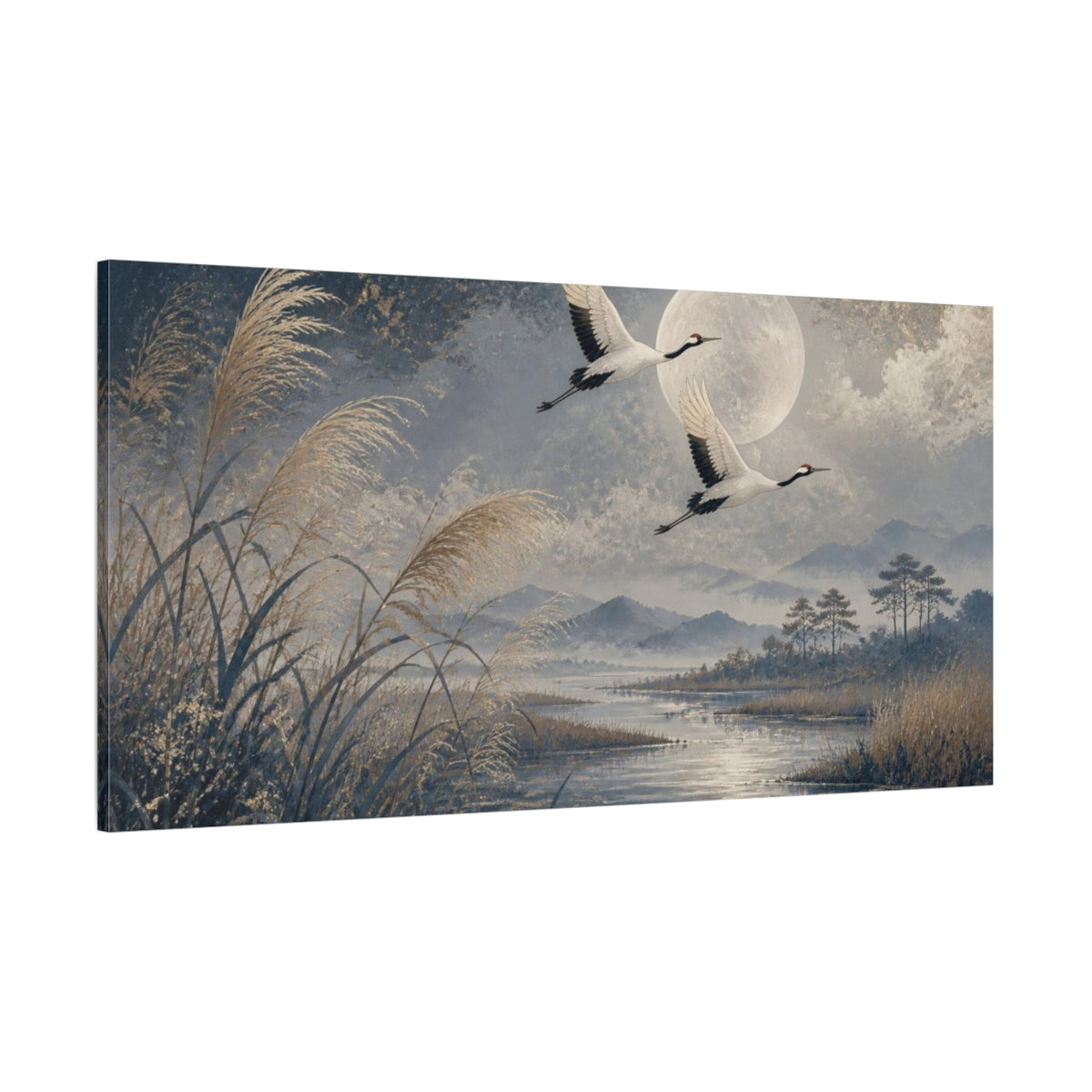 Side Mockup 2. Moonlit Crane Pair shown as canvas print