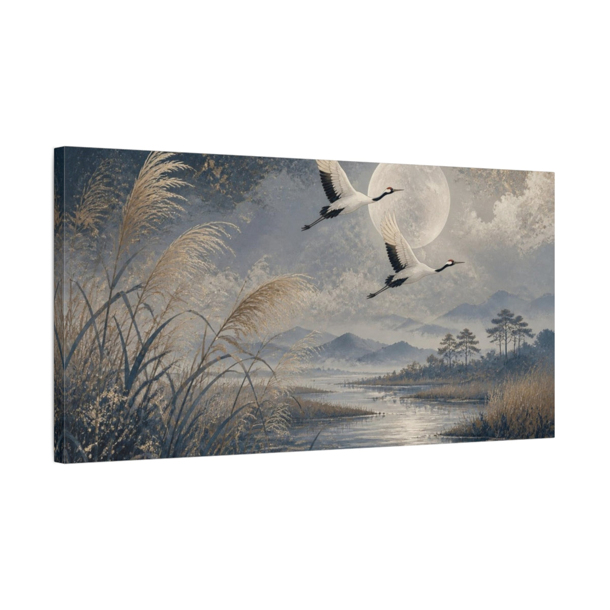 Side Mockup 1. Moonlit Crane Pair shown as canvas print