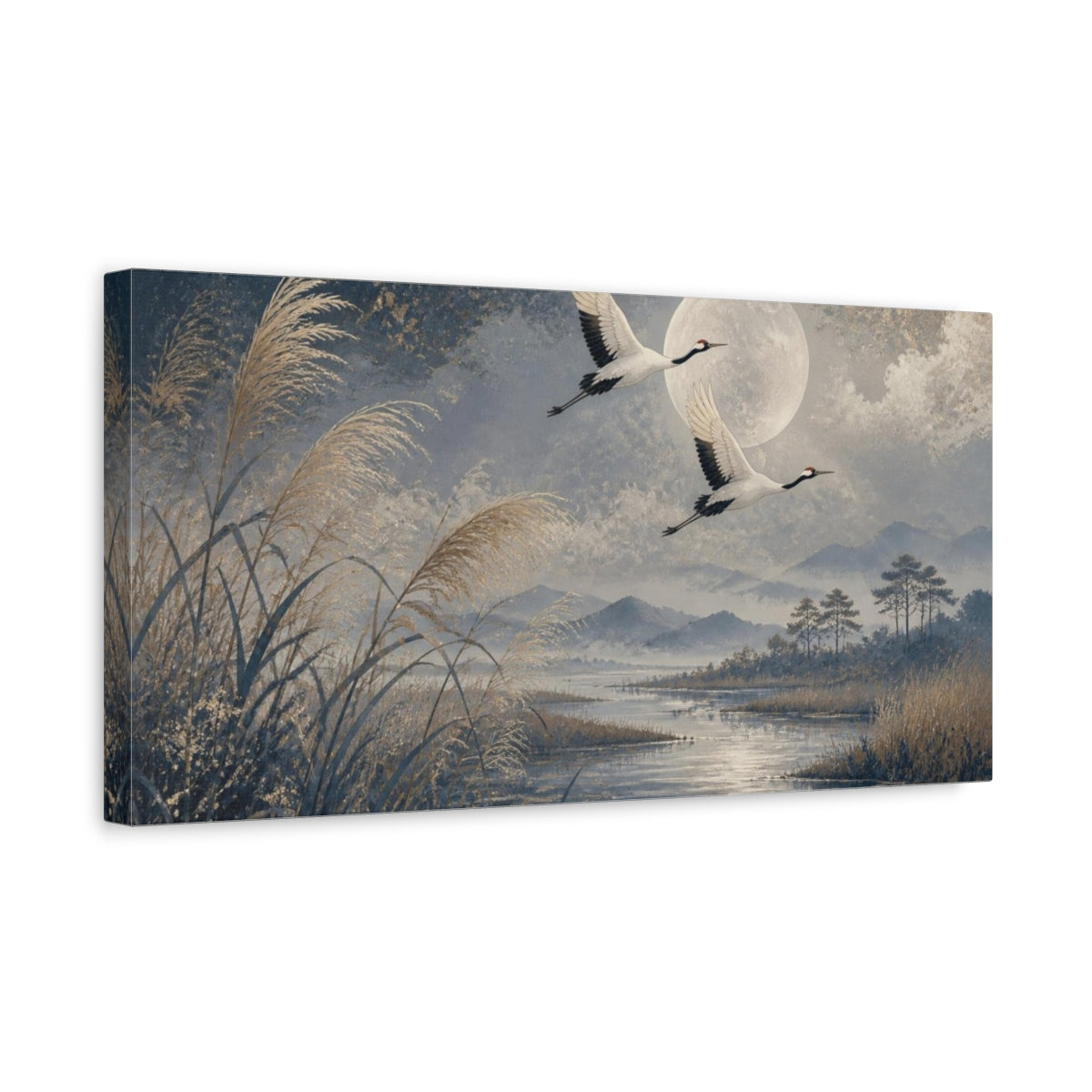 Side Mockup 3. Moonlit Crane Pair shown as canvas print