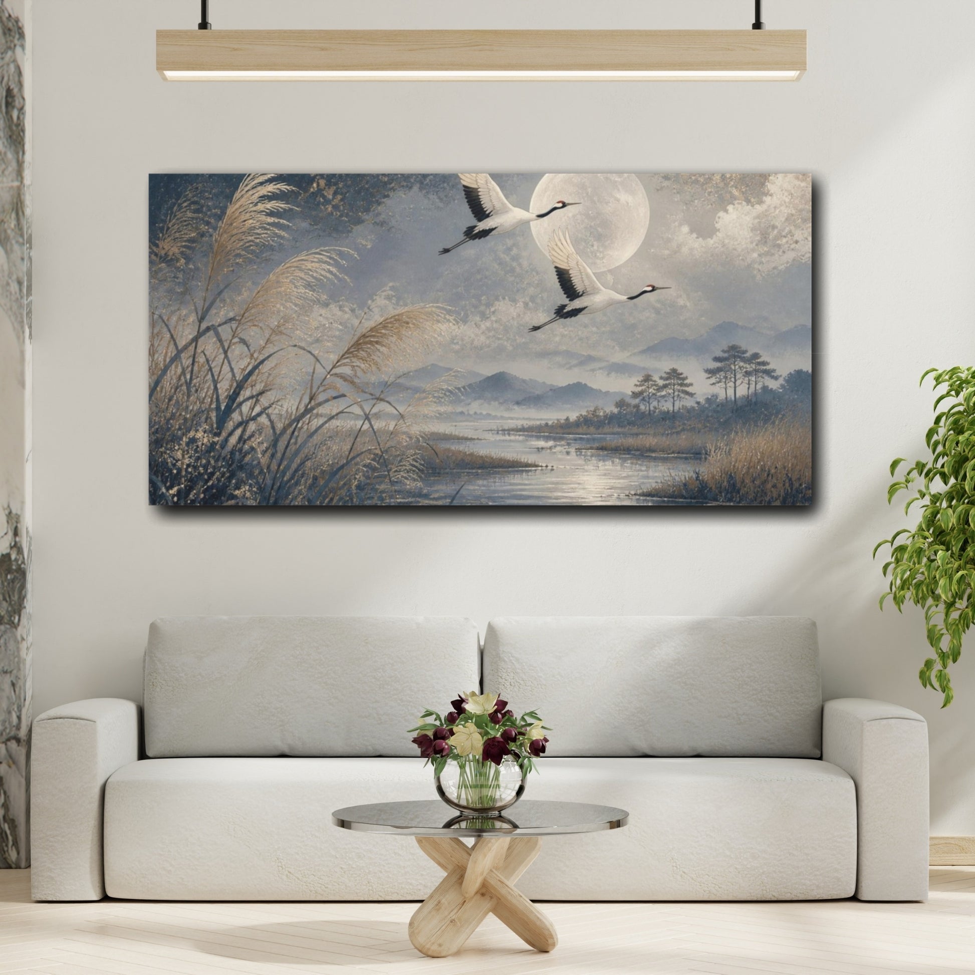 Mockup 2. Moonlit Crane Pair shown as canvas print