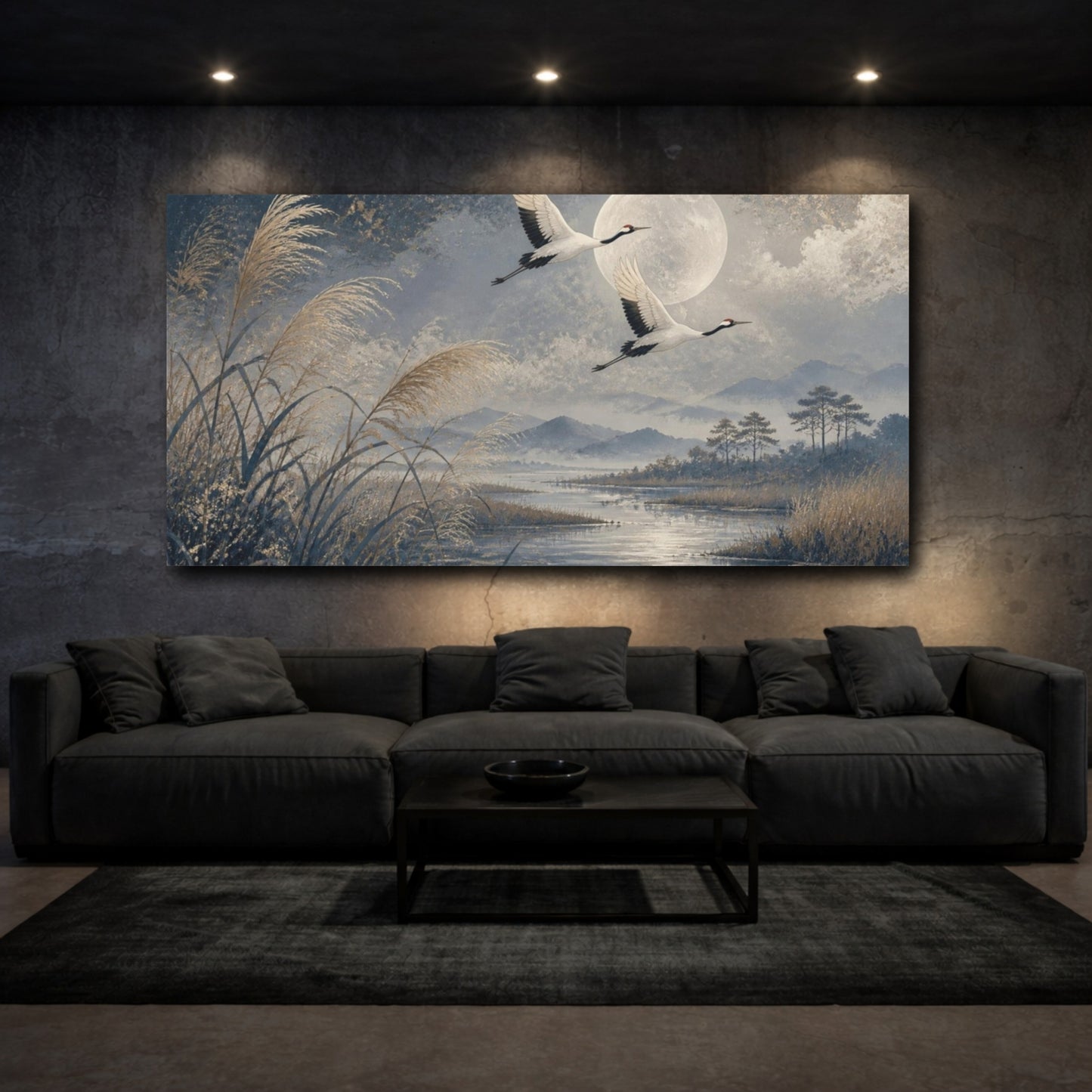 Mockup 3. Moonlit Crane Pair shown as canvas print