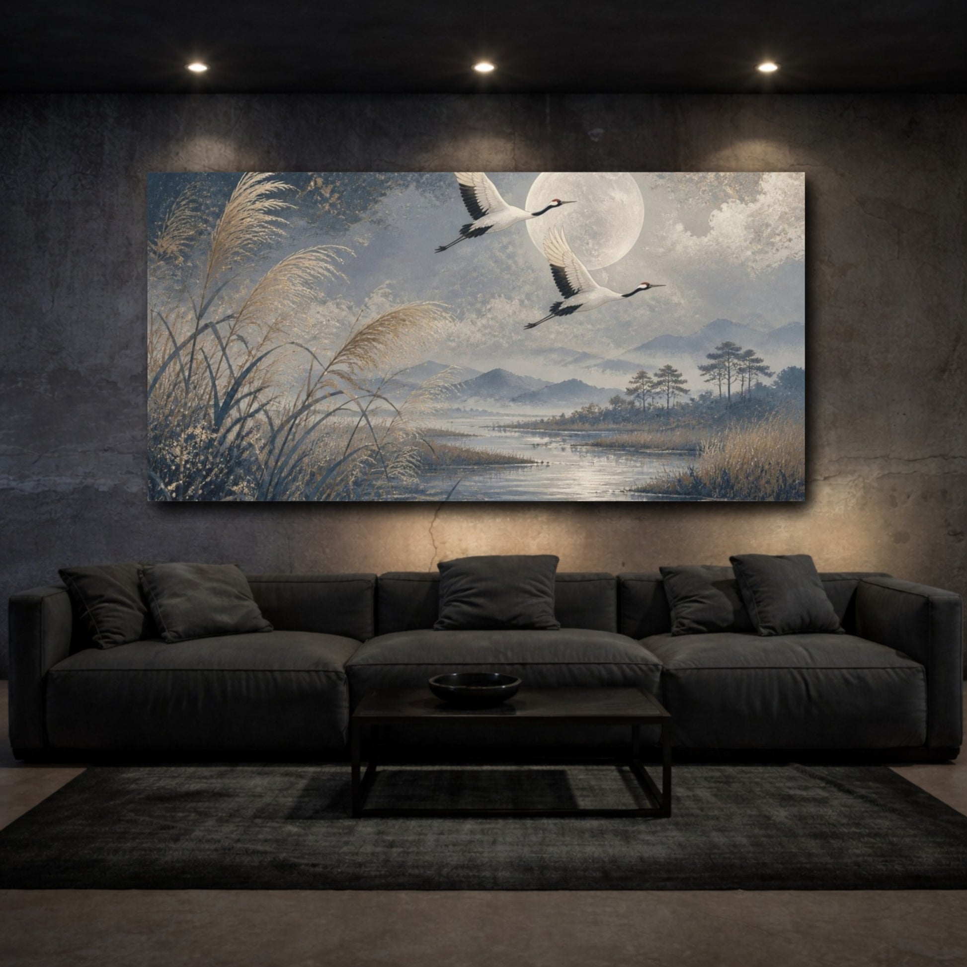 Mockup 3. Moonlit Crane Pair shown as canvas print