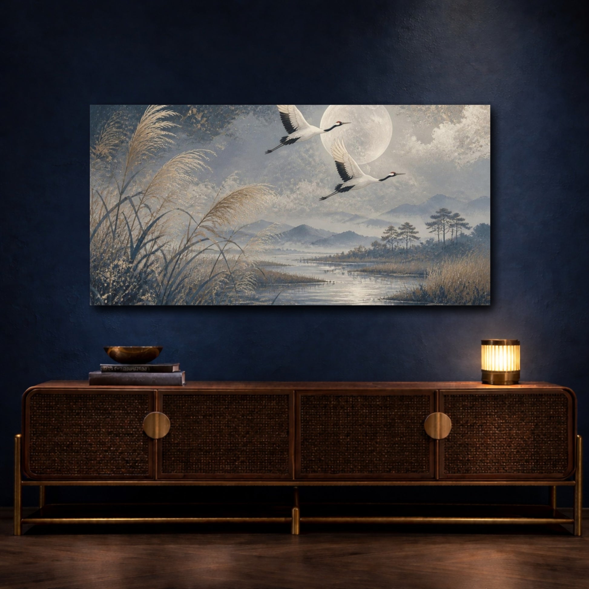 Mockup 4. Moonlit Crane Pair shown as canvas print