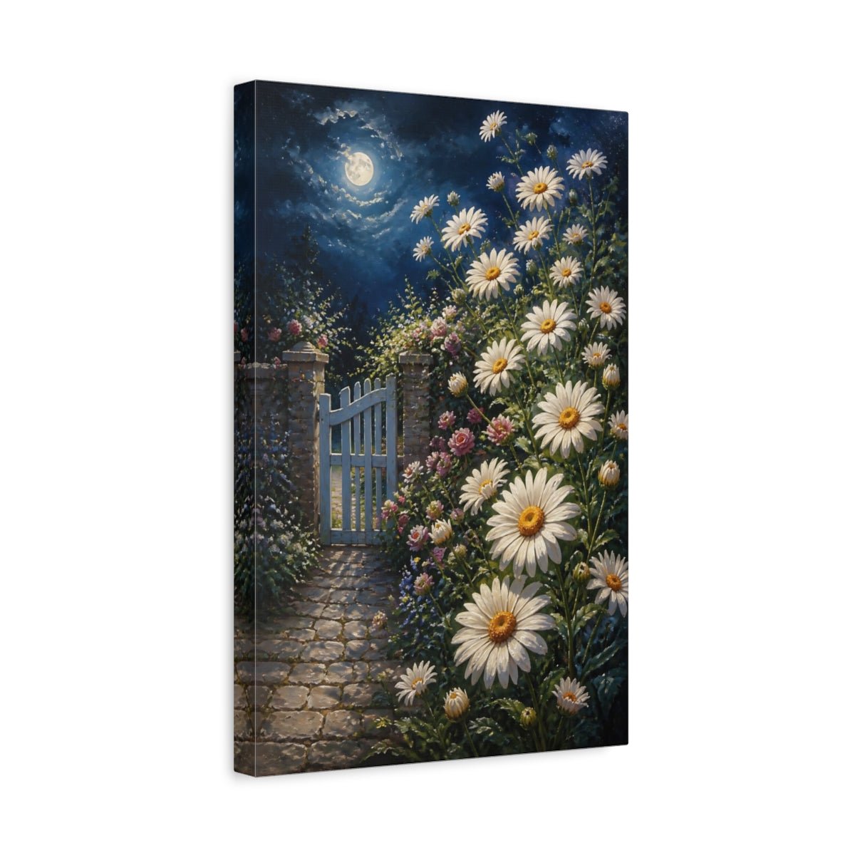 Moonlit Daisy Flowers Gate Canvas Print – Bedroom, Bed Wall - YesArtYes
