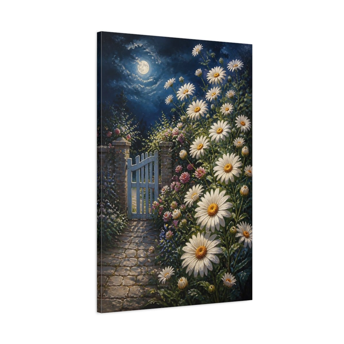 Moonlit Daisy Flowers Gate Canvas Print – Bedroom, Bed Wall - YesArtYes