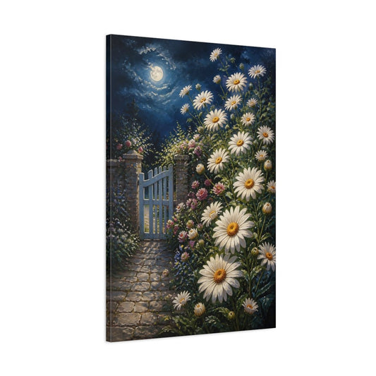 Moonlit Daisy Flowers Gate Canvas Print – Bedroom, Bed Wall - YesArtYes