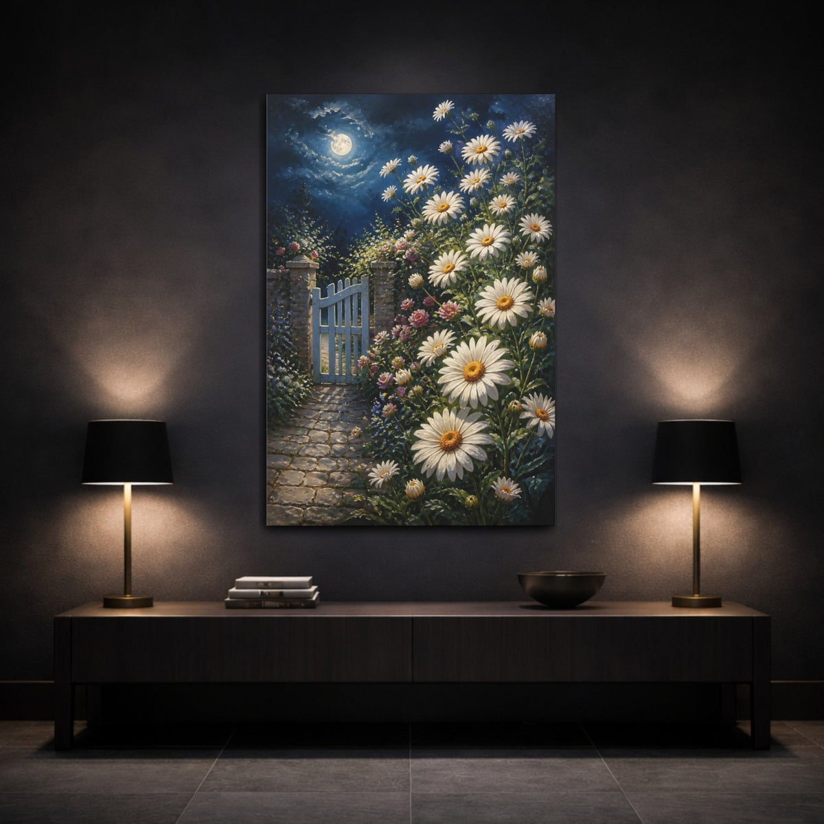Moonlit Daisy Flowers Gate Canvas Print – Bedroom, Bed Wall - YesArtYes