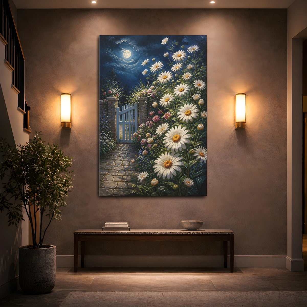 Moonlit Daisy Flowers Gate Canvas Print – Bedroom, Bed Wall - YesArtYes