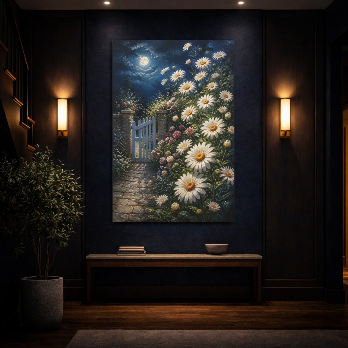 Moonlit Daisy Flowers Gate Canvas Print – Bedroom, Bed Wall - YesArtYes