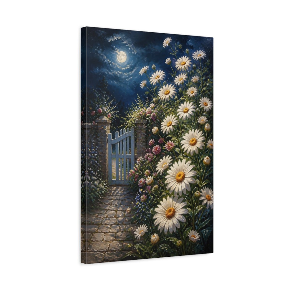 Moonlit Daisy Flowers Gate Canvas Print – Bedroom, Bed Wall - YesArtYes