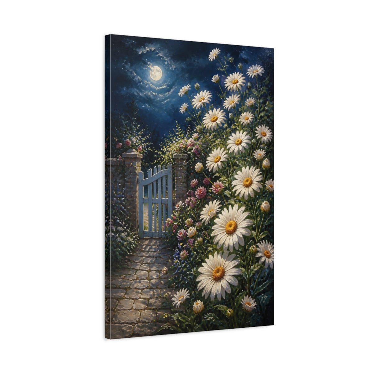 Moonlit Daisy Flowers Gate Canvas Print – Bedroom, Bed Wall - YesArtYes