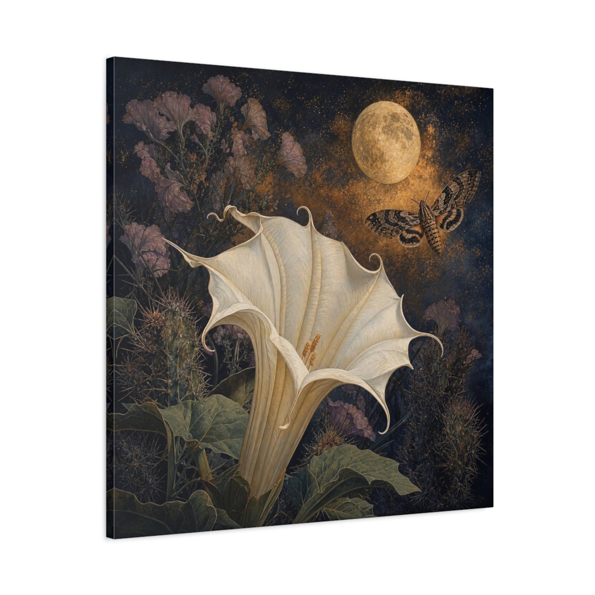 Main Mockup. Moonlit Datura And Moth shown as canvas print