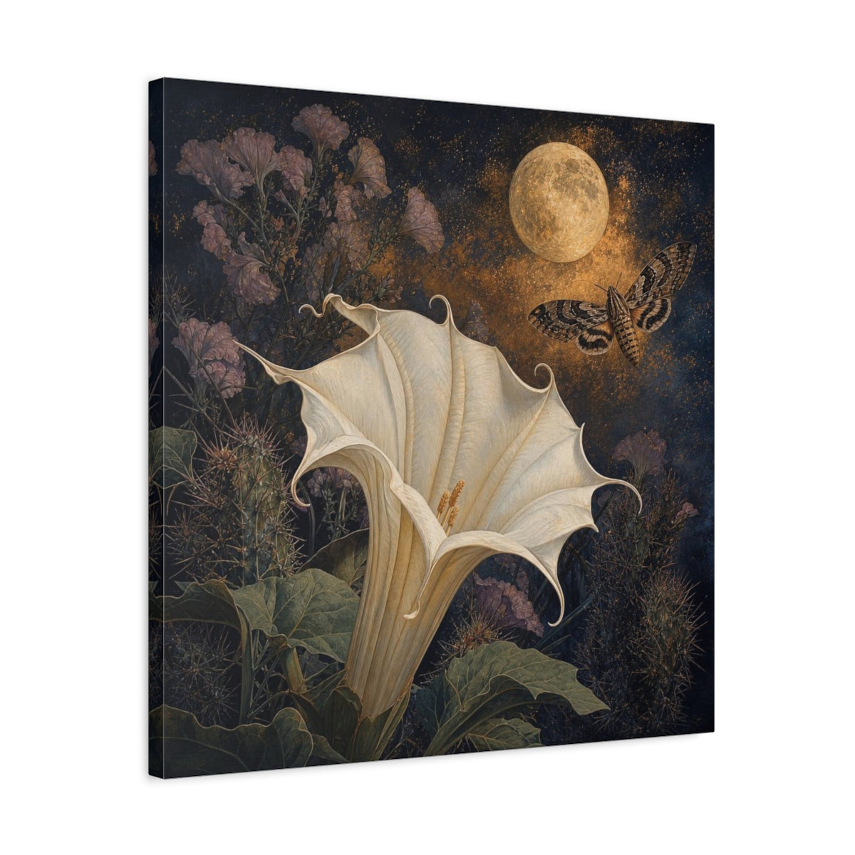 Side Mockup 4. Moonlit Datura And Moth shown as canvas print