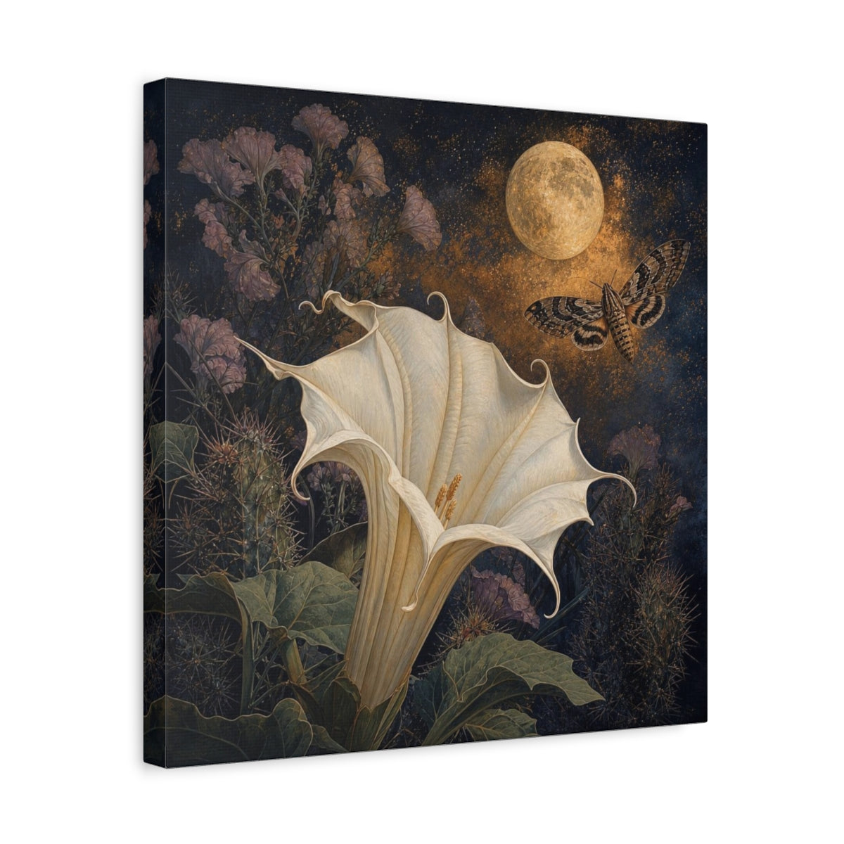 Side Mockup 6. Moonlit Datura And Moth shown as canvas print