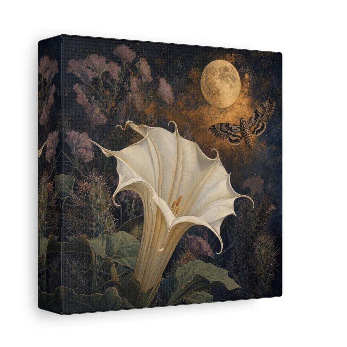 Side Mockup 2. Moonlit Datura And Moth shown as canvas print